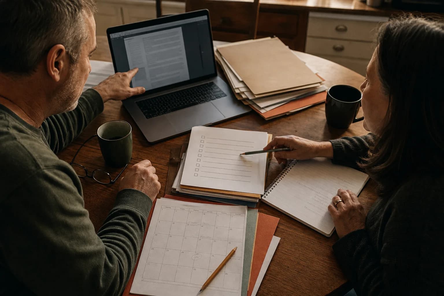 A veteran and spouse reviewing a benefits checklist at their kitchen table
