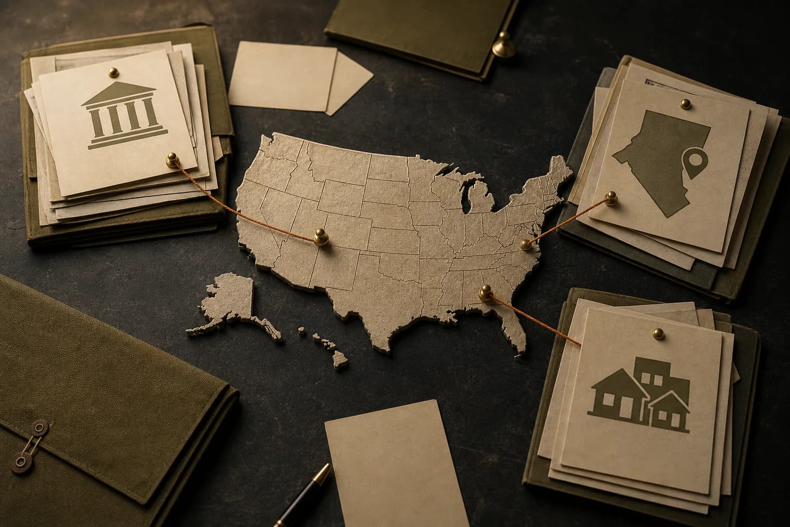 A United States map connected to federal, state, and community benefit folders