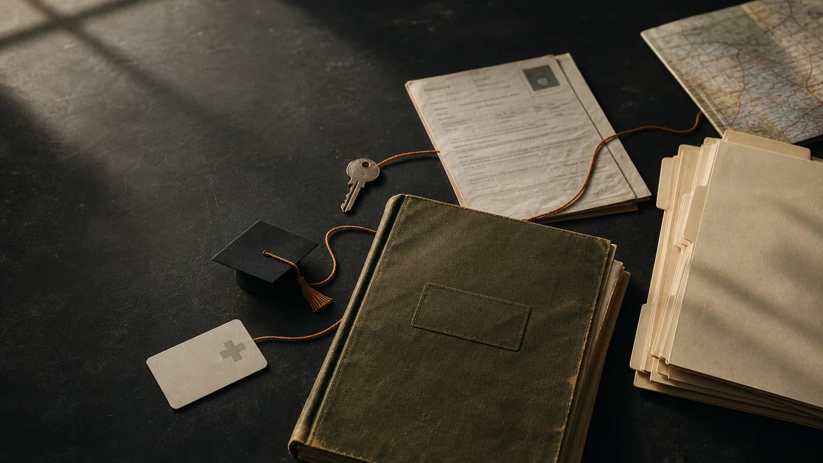 A benefits dossier, folders, house key, medical card, and education token arranged on a dark table